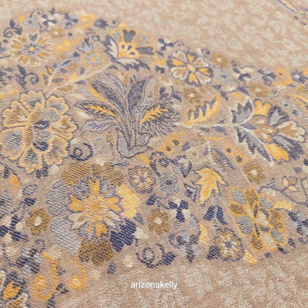 NWOT Cashmere Jacquard Lightweight Jamawar Shawl Scarf Yellow Blue - Picture 7 of 16